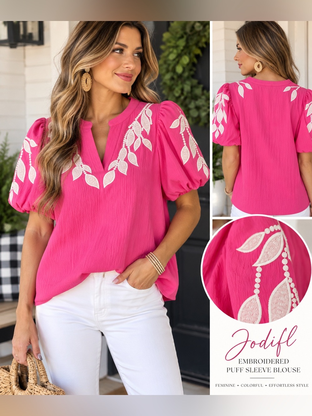 Jodifl hot pink/fuchsia and white appliqué blouse with puffed sleeves medium EUC